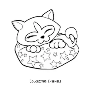 Image à colorier d’un chat siamois endormi sur un lit à motifs d’étoiles