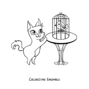 Image à colorier d’un chat observant un oiseau dans sa cage posée sur une table