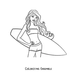 Image à colorier de Barbie à la plage avec une planche de surf