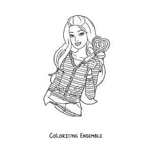Image à colorier de Barbie tenant une sucette en forme de cœur