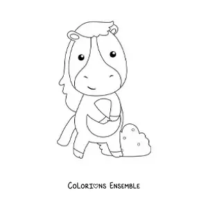 Image à colorier d’un cheval kawaii avec un buisson en arrière-plan