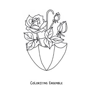 Image à colorier d’une rose et de deux boutons de rose dans une ombrelle