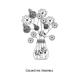 Image à colorier d’un vase avec quatre roses et d’autres fleurs