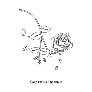 Image à colorier d’une petite rose avec des feuilles