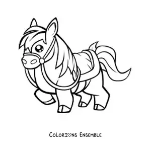 Image à colorier d’un cheval kawaii sellé levant une patte