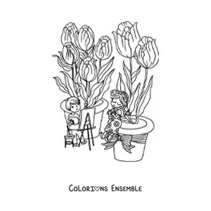 Image à colorier de plusieurs tulipes et de deux enfants kawaii