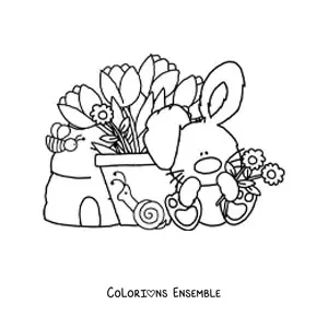 Image à colorier d’un lapin de dessin animé kawaii avec des tulipes et des fleurs