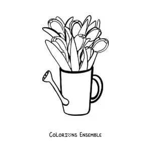 Image à colorier d’un bouquet de tulipes dans un arrosoir