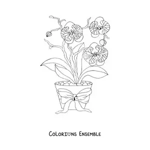Image à colorier de trois orchidées phalaenopsis dans un pot