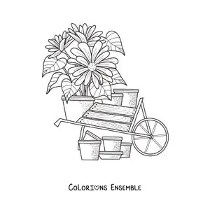 Image à colorier d'une charrette remplie de marguerites