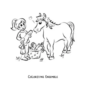 Image à colorier d’une petite fille nourrissant un cheval avec une énorme carotte