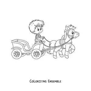 Image à colorier d’un petit garçon sur une calèche tirée par un cheval