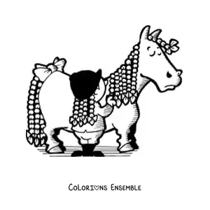 Image à colorier d’une petite fille avec des tresses brossant la longue crinière tressée d’un cheval