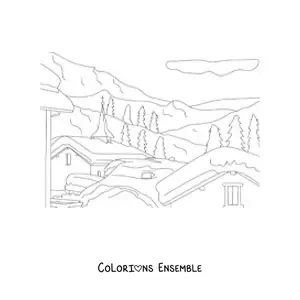 Image à colorier d’un paysage de maisons enneigées