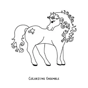 Image à colorier d’un poney regardant en arrière avec une étoile sur la cuisse