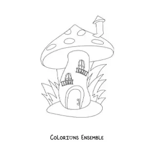 Image à colorier d’une maison de lutin en forme de champignon avec une cheminée