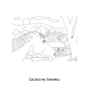 Image à colorier d’une maison de campagne avec un cheval