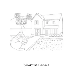 Image à colorier d’une maison avec un chien et un jardin