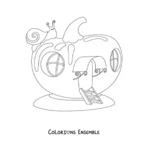 Image à colorier d’une maison de fées dans une pomme