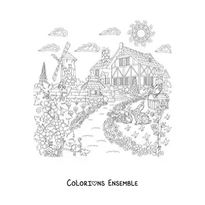 Image à colorier d’une maison de campagne avec un moulin