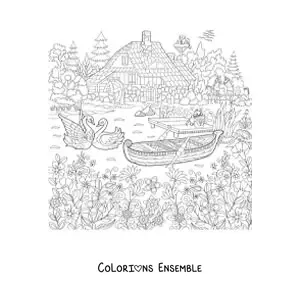Image à colorier d’une maison dans la forêt avec un lac et des cygnes