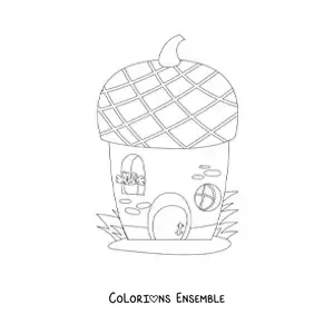 Image à colorier d’une maison de fées dans un gland