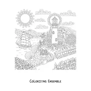 Image à colorier d’une maison au bord de la mer, près d’un phare