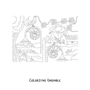 Image à colorier d’une maison de campagne avec un jardin