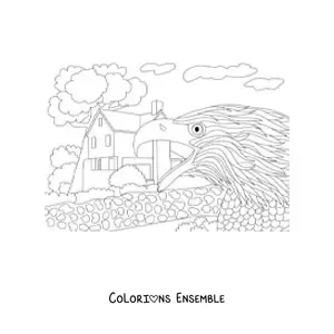 Image à colorier d’un aigle près d’une maison