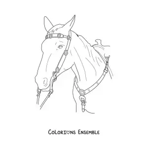 Image à colorier d’une tête de cheval avec les rênes en place