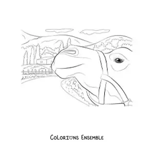Image à colorier d’un chameau avec une maison à l’arrière-plan