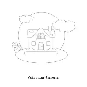 Image à colorier d’une maison avec une cheminée et un balcon