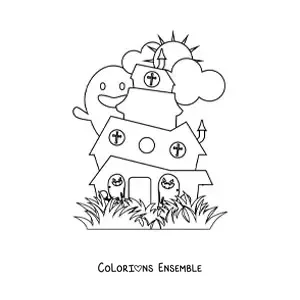 Image à colorier d’une maison de l’horreur avec des fantômes