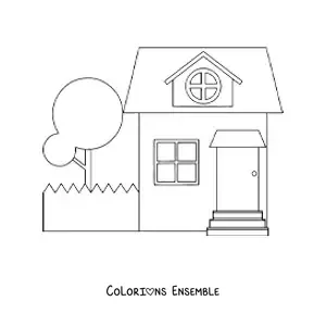 Image à colorier d’une maison toute simple avec une cour
