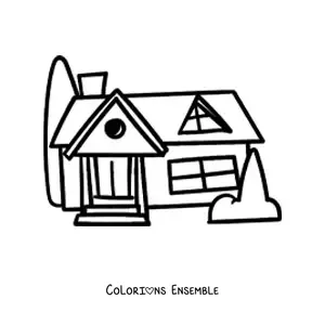 Image à colorier d’une maison toute simple avec des buissons