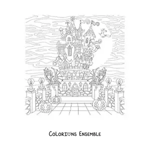 Image à colorier d’un château hanté avec des sorcières et des fantômes