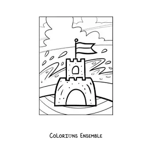 Image à colorier d’un château de sable sur la plage