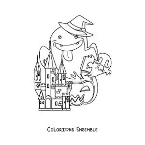 Image à colorier d’un château de l’horreur avec des fantômes