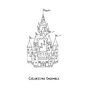 Image à colorier d’un château de princesse avec des tours et des drapeaux