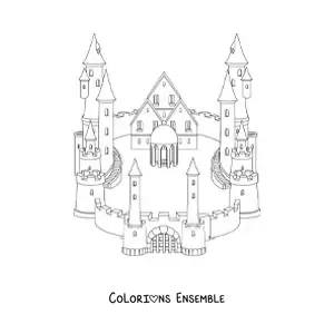 Image à colorier d’un château avec un rempart