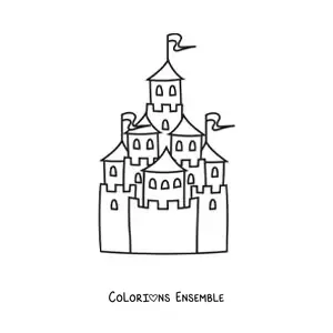 Image à colorier d’un château avec de nombreuses tours