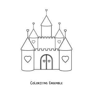 Image à colorier d’un château kawaii décoré de cœurs