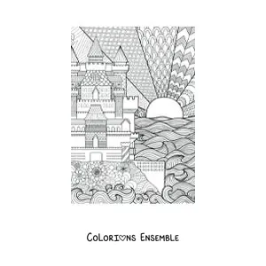 Image à colorier d’un château dessiné avec un design géométrique