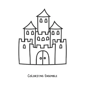 Image à colorier d’un château avec trois tours et un rempart
