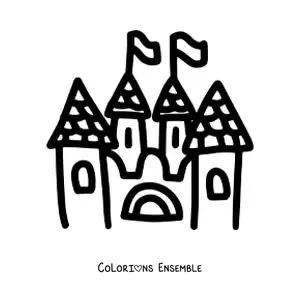Image à colorier d'un château de dessin animé avec quatre tours et des fanions