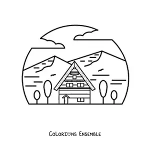 Image à colorier d'une cabane entourée de montagnes