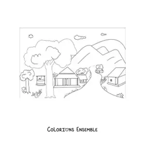 Image à colorier d'un paysage avec plusieurs cabanes