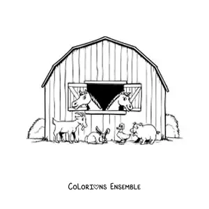 Image à colorier de l’écurie d’une ferme avec deux chevaux et d’autres animaux