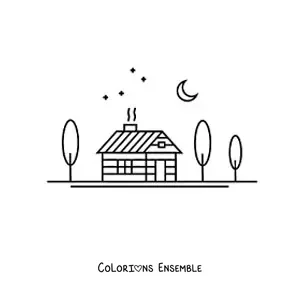 Image à colorier d'une cabane dans une forêt la nuit
