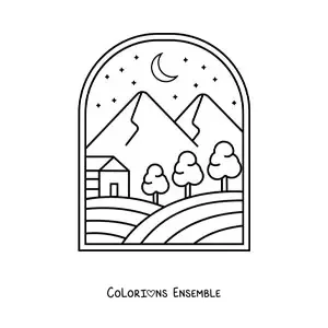 Image à colorier d'un paysage de forêt avec une cabane